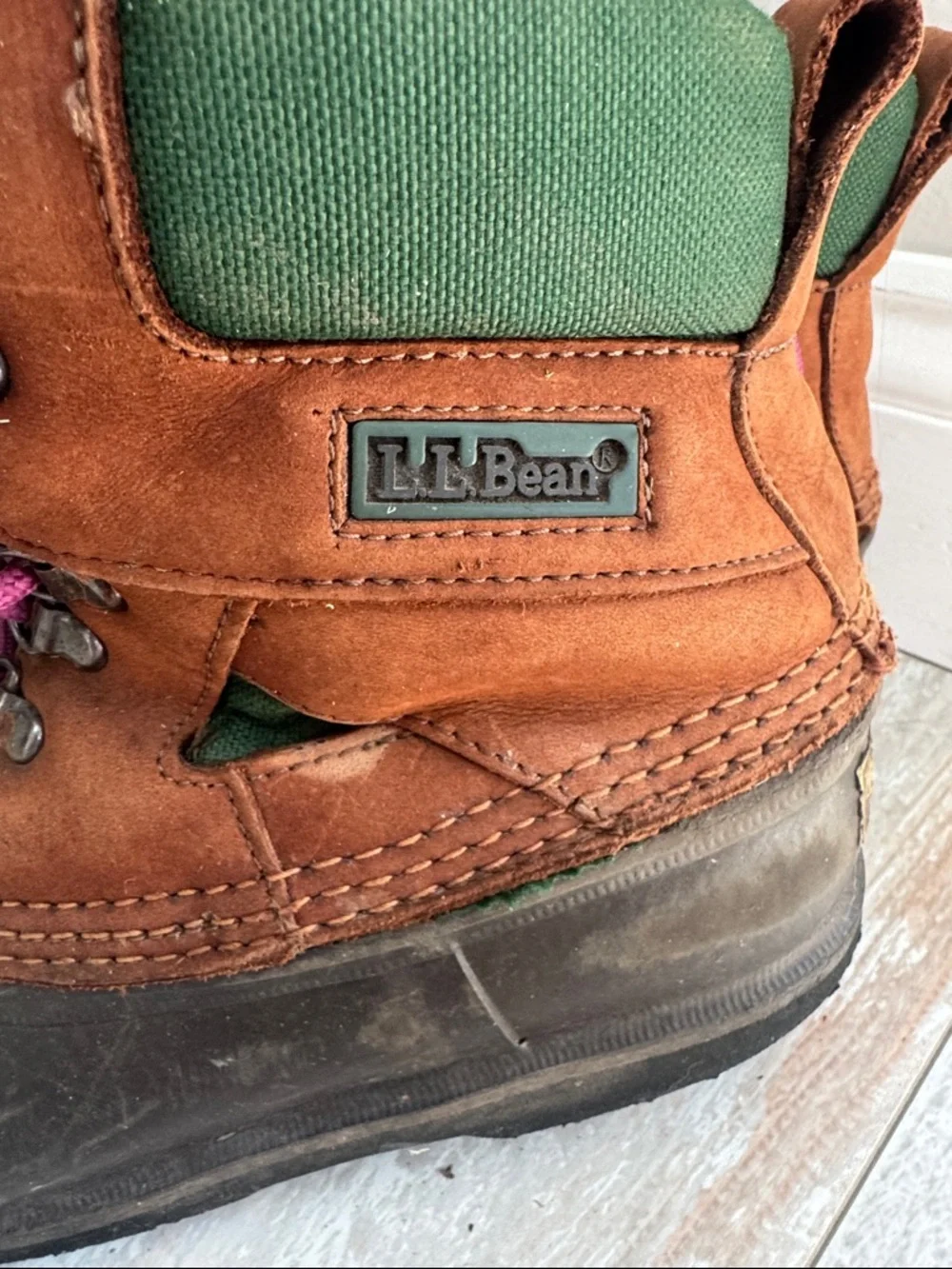 L.L. Bean Cushion Top Bean Boots  Brown leather with green canvas accents